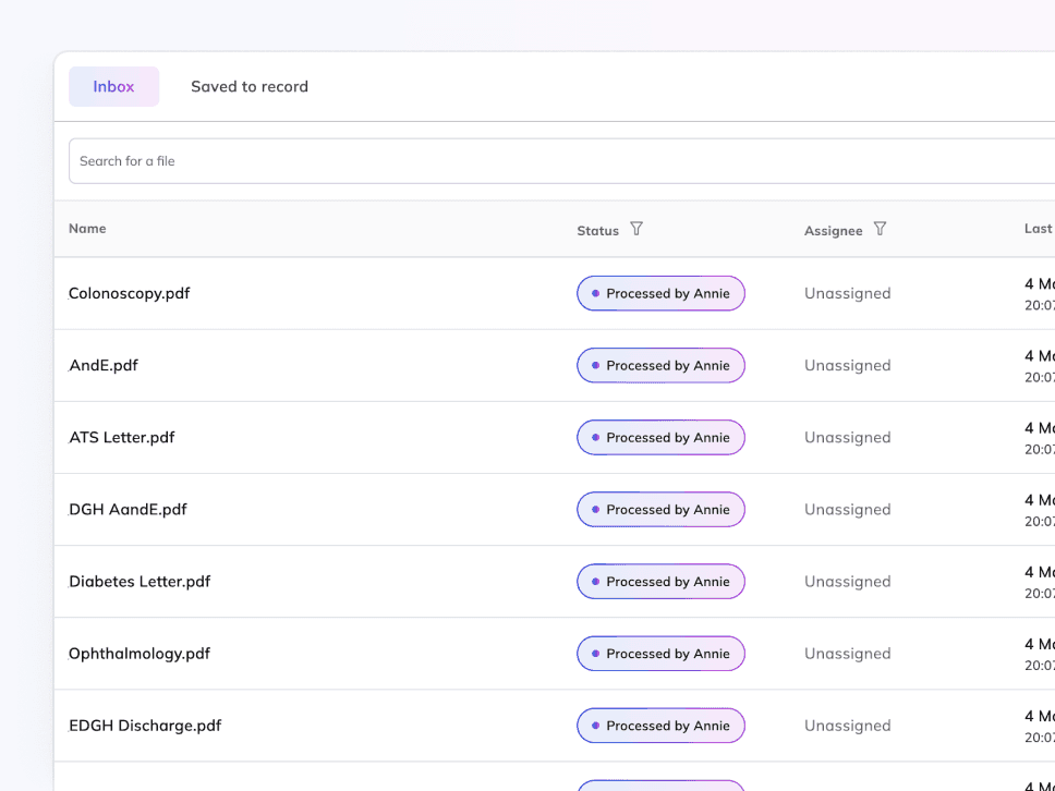 Document inbox with patient matching, actions and filing