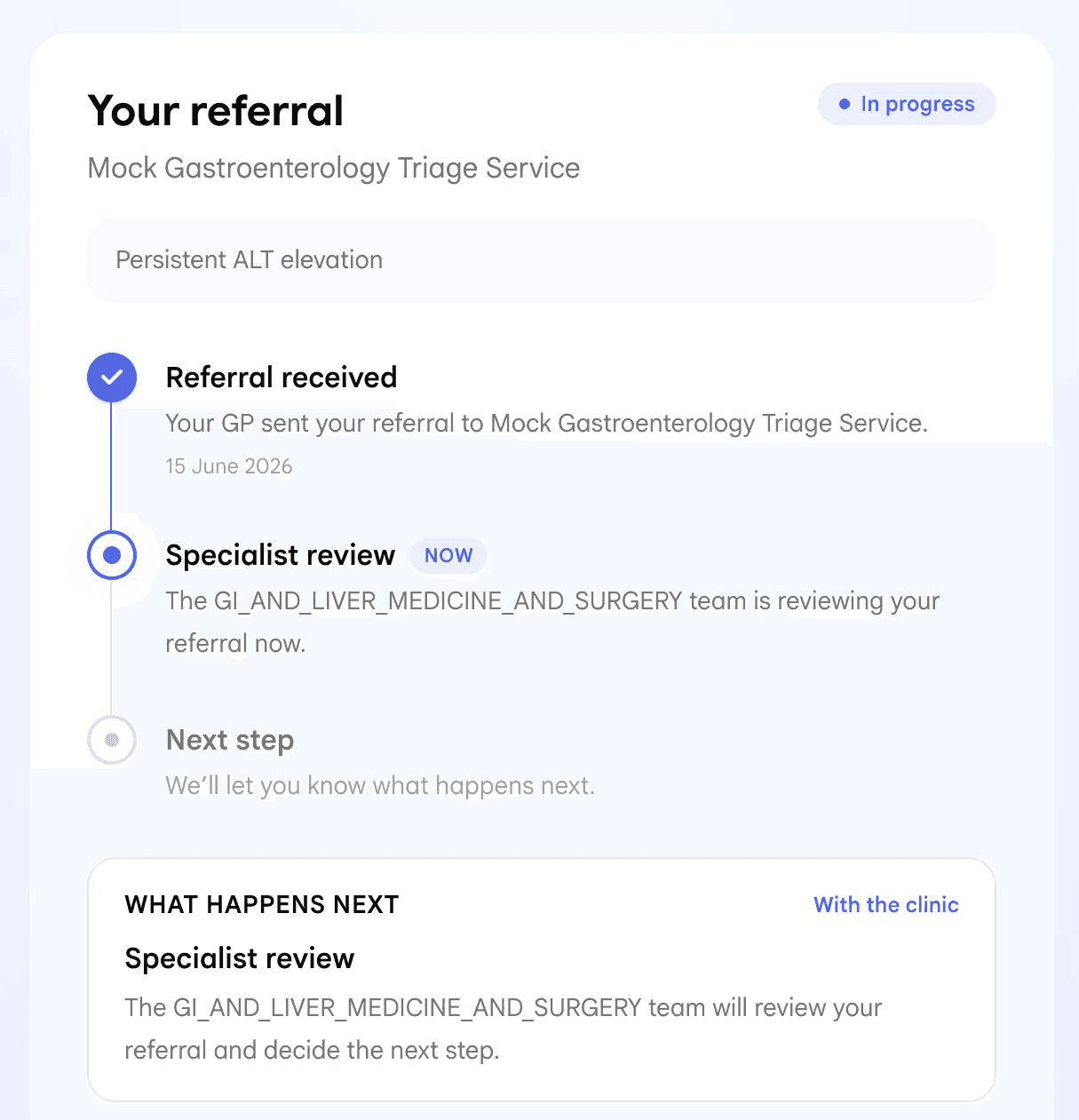 Patient view of referral progress and specialist review